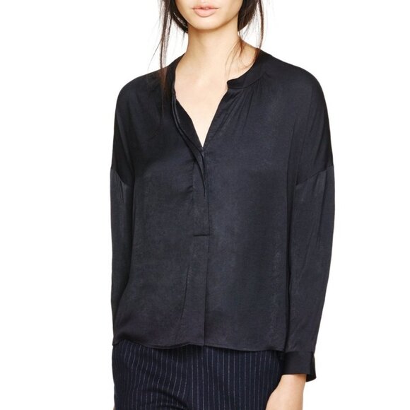 Babaton Aritzia Navy Blue Patrick Long Sleeve Notched Neck  Blouse XS - Picture 1 of 16